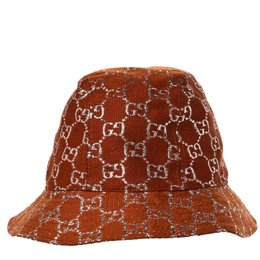 Gucci Canvas Lame GG Monogram Bucket Hat S Burnt Orange Silver - Picture 2 of 7